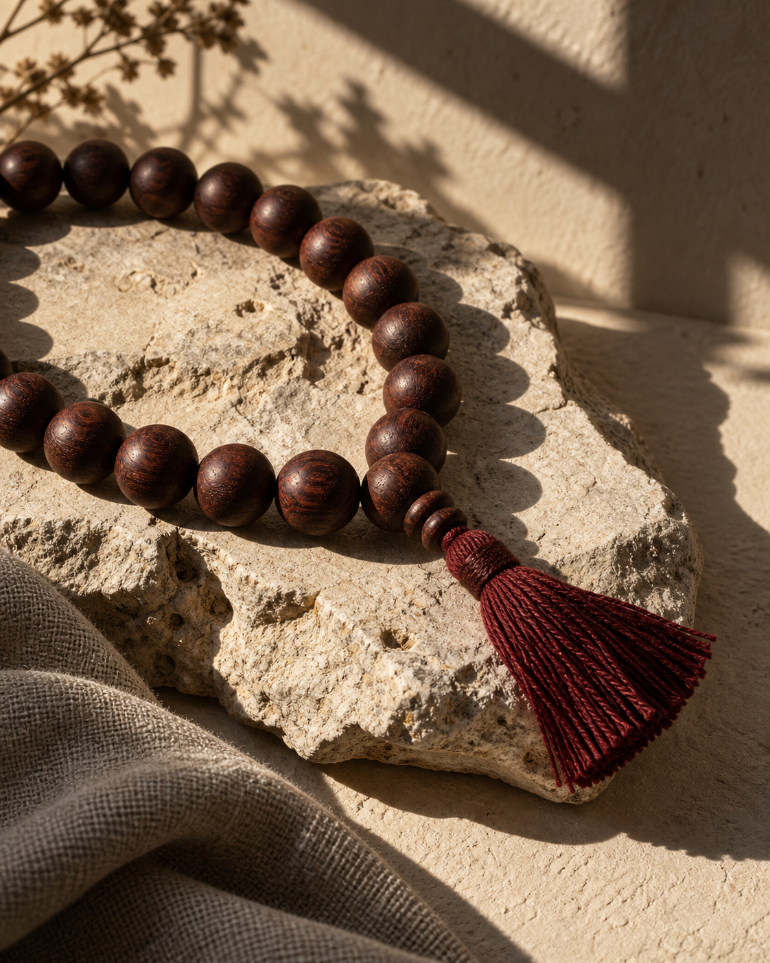 Conceptual wooden prayer beads with a deep red tassel resting on weathered stone